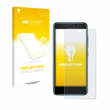 Face avant d’un emballage produit avec le logo de la marque upscreen. À côté, l’appareil Cubot J 20 est représenté avec la pro