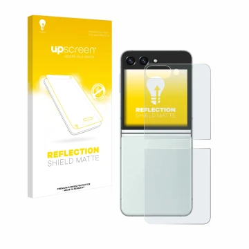 Face avant d’un emballage produit avec le logo de la marque upscreen. À côté, l’appareil Samsung Galaxy Z Flip 5 (Arrière) est