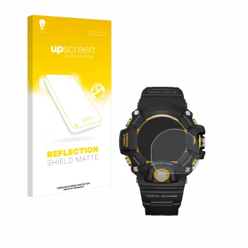 Face avant d’un emballage produit avec le logo de la marque upscreen. À côté, l’appareil Casio G-Shock GW-9400Y-1 est représen