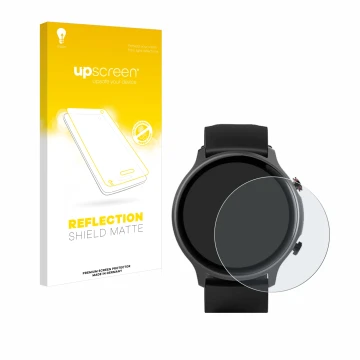 Face avant d’un emballage produit avec le logo de la marque upscreen. À côté, l’appareil Hama Fit Watch 6910 est représenté av