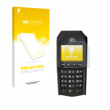 Face avant d’un emballage produit avec le logo de la marque upscreen. À côté, l’appareil ingenico Lane/3000 (non-touch) est re