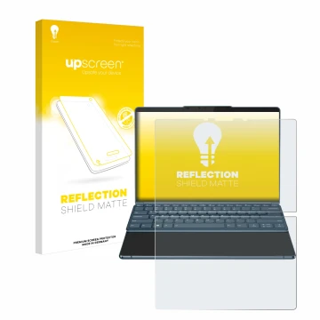 Face avant d’un emballage produit avec le logo de la marque upscreen. À côté, l’appareil Lenovo Yoga Book 9i Gen 8 est représe