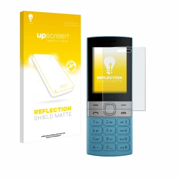 Face avant d’un emballage produit avec le logo de la marque upscreen. À côté, l’appareil Nokia 150 (2023) est représenté avec 