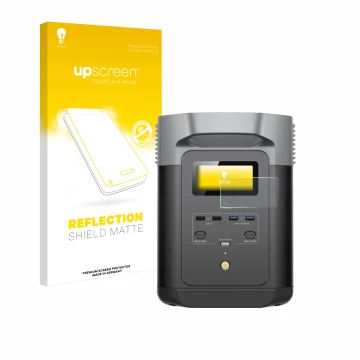 Face avant d’un emballage produit avec le logo de la marque upscreen. À côté, l’appareil EcoFlow DELTA 2 est représenté avec l