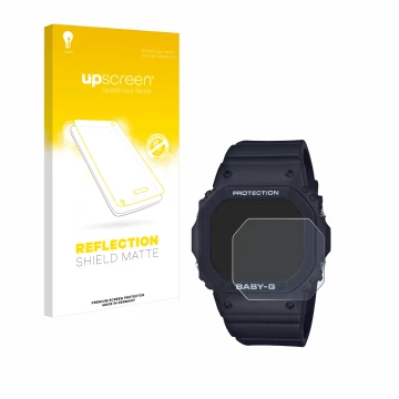 Face avant d’un emballage produit avec le logo de la marque upscreen. À côté, l’appareil Casio Baby-G BGD-565 est représenté a