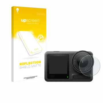 Face avant d’un emballage produit avec le logo de la marque upscreen. À côté, l’appareil DJI Osmo Action 4 (Lentille) est repr