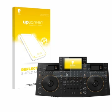 Face avant d’un emballage produit avec le logo de la marque upscreen. À côté, l’appareil Pioneer OPUS-QUAD est représenté avec