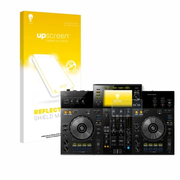 Face avant d’un emballage produit avec le logo de la marque upscreen. À côté, l’appareil Pioneer XDJ -RR est représenté avec l