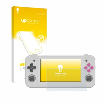 Face avant d’un emballage produit avec le logo de la marque upscreen. À côté, l’appareil Anbernic RG505 est représenté avec la