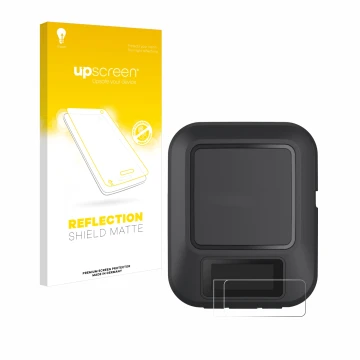 Face avant d’un emballage produit avec le logo de la marque upscreen. À côté, l’appareil Garmin inReach Messenger est représen