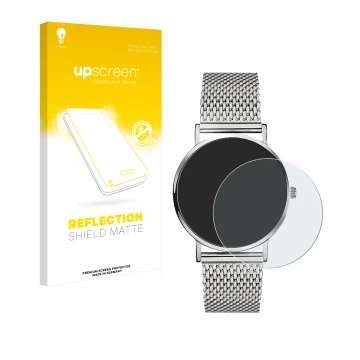 Face avant d’un emballage produit avec le logo de la marque upscreen. À côté, l’appareil Liebeskind New Case Mesh (34 mm) est 