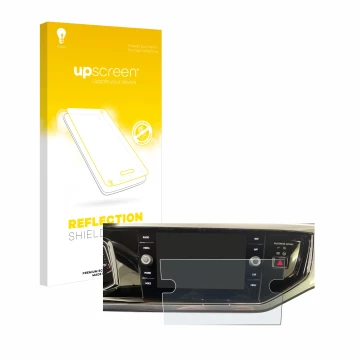 Face avant d’un emballage produit avec le logo de la marque upscreen. À côté, l’appareil Volkswagen Polo VI Ready 2 Discover 8