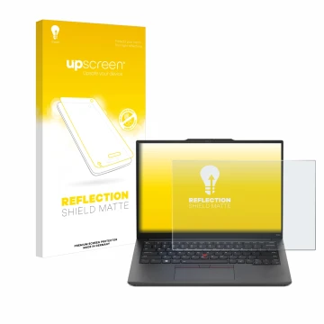 Face avant d’un emballage produit avec le logo de la marque upscreen. À côté, l’appareil Lenovo ThinkPad E14 Gen 5 est représe