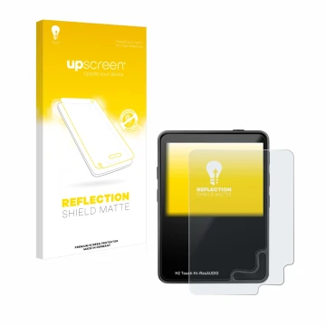 Face avant d’un emballage produit avec le logo de la marque upscreen. À côté, l’appareil HifiWalker H2 touch est représenté av