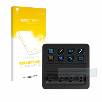 Face avant d’un emballage produit avec le logo de la marque upscreen. À côté, l’appareil Elgato Stream Deck + est représenté a