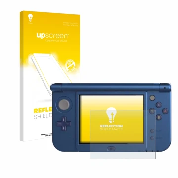 Face avant d’un emballage produit avec le logo de la marque upscreen. À côté, l’appareil Nintendo New 3DS XL (Affichage inféri