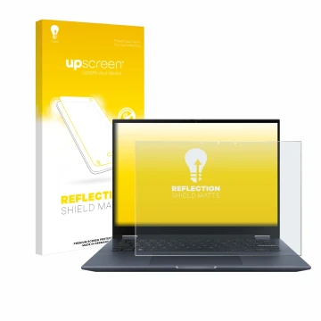 Face avant d’un emballage produit avec le logo de la marque upscreen. À côté, l’appareil ASUS Vivobook S 14 Flip TP3402 est re