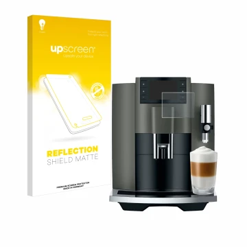 Face avant d’un emballage produit avec le logo de la marque upscreen. À côté, l’appareil Jura E8 (EC) est représenté avec la p