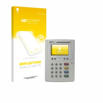 Face avant d’un emballage produit avec le logo de la marque upscreen. À côté, l’appareil ingenico eHealth ORGA Neo 6141 est re
