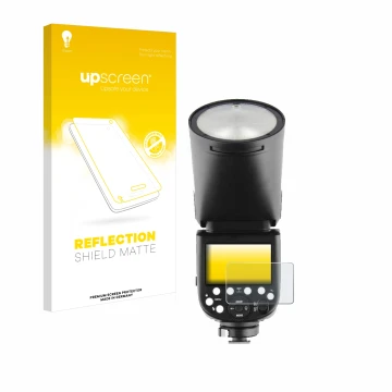 Face avant d’un emballage produit avec le logo de la marque upscreen. À côté, l’appareil Godox V1 est représenté avec la prote