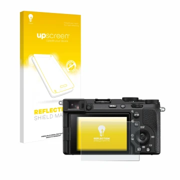 Face avant d’un emballage produit avec le logo de la marque upscreen. À côté, l’appareil Sony Alpha 7CR est représenté avec la