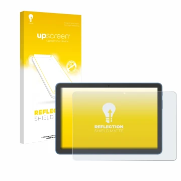 Face avant d’un emballage produit avec le logo de la marque upscreen. À côté, l’appareil Amazon Fire HD 10 2023 (13e Gen.) est
