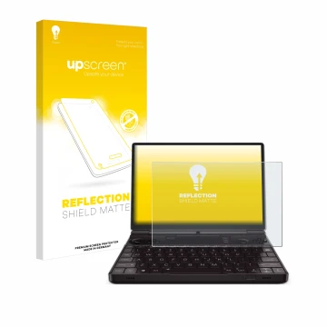 Face avant d’un emballage produit avec le logo de la marque upscreen. À côté, l’appareil GPD Win Max 2 2023 est représenté ave