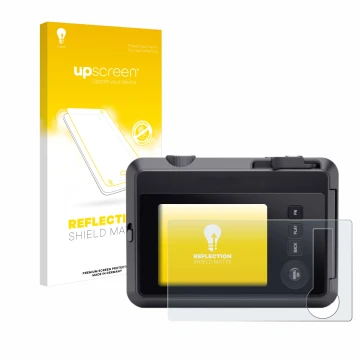 Face avant d’un emballage produit avec le logo de la marque upscreen. À côté, l’appareil Leica SOFORT 2 est représenté avec la