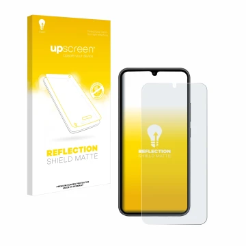 Face avant d’un emballage produit avec le logo de la marque upscreen. À côté, l’appareil Samsung Galaxy A34 5G Enterprise Edit