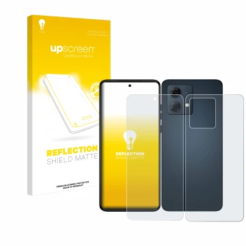 Face avant d’un emballage produit avec le logo de la marque upscreen. À côté, l’appareil Motorola Moto G84 (Avant+Arrière) est