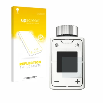 Face avant d’un emballage produit avec le logo de la marque upscreen. À côté, l’appareil AVM FRITZ!DECT 302 est représenté ave