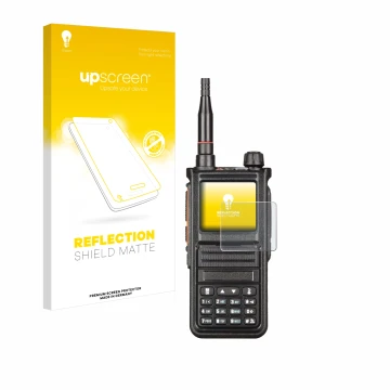 Face avant d’un emballage produit avec le logo de la marque upscreen. À côté, l’appareil Radtel RT-470X est représenté avec la