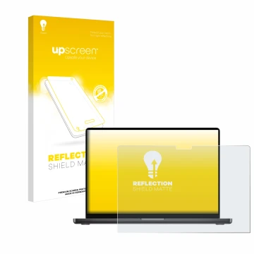 Face avant d’un emballage produit avec le logo de la marque upscreen. À côté, l’appareil Apple MacBook Pro 14