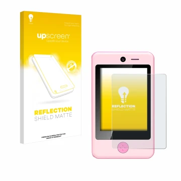 Face avant d’un emballage produit avec le logo de la marque upscreen. À côté, l’appareil Pthtechus Children’s Smartphone est r