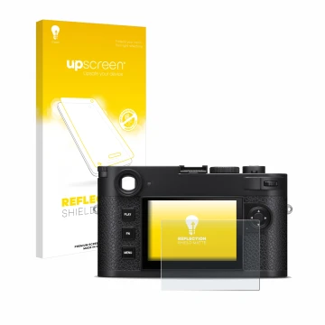 Face avant d’un emballage produit avec le logo de la marque upscreen. À côté, l’appareil Leica M11-P est représenté avec la pr