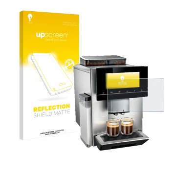 Face avant d’un emballage produit avec le logo de la marque upscreen. À côté, l’appareil Siemens EQ900 TQ907D03 est représenté
