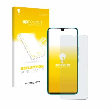 Face avant d’un emballage produit avec le logo de la marque upscreen. À côté, l’appareil Tecno Spark 7 est représenté avec la 