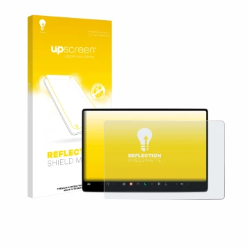 Face avant d’un emballage produit avec le logo de la marque upscreen. À côté, l’appareil Tesla Model 3 2024 est représenté ave