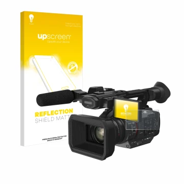 Face avant d’un emballage produit avec le logo de la marque upscreen. À côté, l’appareil Panasonic HC-X2 est représenté avec l