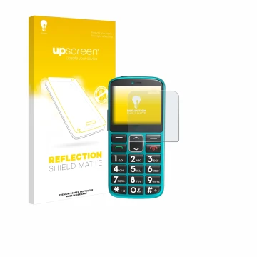 Face avant d’un emballage produit avec le logo de la marque upscreen. À côté, l’appareil Uleway Seniorenhandy est représenté a