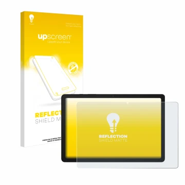 Face avant d’un emballage produit avec le logo de la marque upscreen. À côté, l’appareil Samsung Galaxy Tab A9 Plus WiFi est r