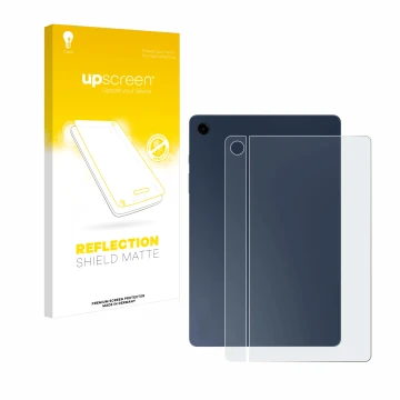 Face avant d’un emballage produit avec le logo de la marque upscreen. À côté, l’appareil Samsung Galaxy Tab A9 Plus WiFi (Arri
