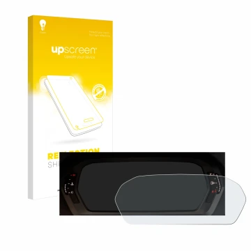 Face avant d’un emballage produit avec le logo de la marque upscreen. À côté, l’appareil Audi A3 2023 Virtual cockpit est repr