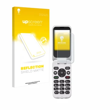 Face avant d’un emballage produit avec le logo de la marque upscreen. À côté, l’appareil Doro 6820 est représenté avec la prot