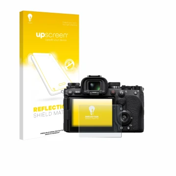 Face avant d’un emballage produit avec le logo de la marque upscreen. À côté, l’appareil Sony Alpha 9 III est représenté avec 