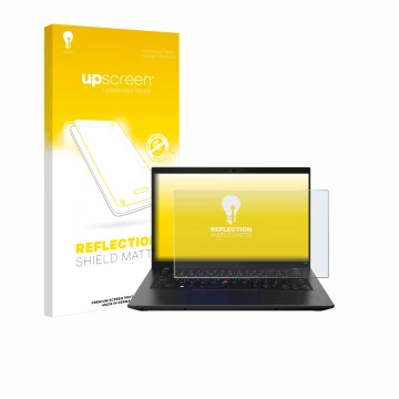 Face avant d’un emballage produit avec le logo de la marque upscreen. À côté, l’appareil Lenovo ThinkPad L14 Gen 3 est représe
