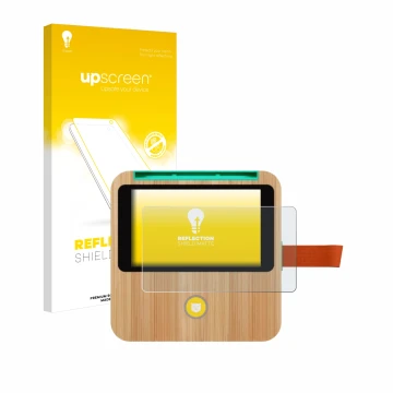 Face avant d’un emballage produit avec le logo de la marque upscreen. À côté, l’appareil tigerbox Touch Plus est représenté av