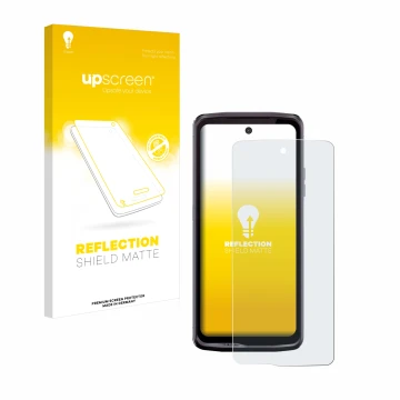 Face avant d’un emballage produit avec le logo de la marque upscreen. À côté, l’appareil Crosscall Stellar X5 est représenté a