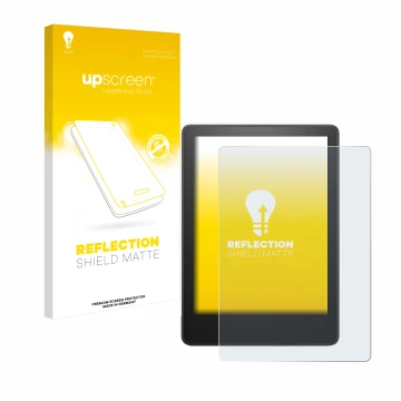 Face avant d’un emballage produit avec le logo de la marque upscreen. À côté, l’appareil Amazon Kindle Paperwhite 2023 (11ème 