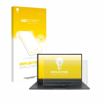 Face avant d’un emballage produit avec le logo de la marque upscreen. À côté, l’appareil ASUS Vivobook 15 OLED est représenté 